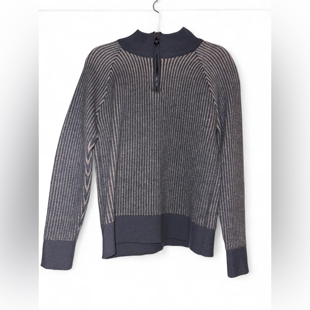 Bugatchi Wool Striped Knit Half-Zip Sweater in Gray and Cream Size M